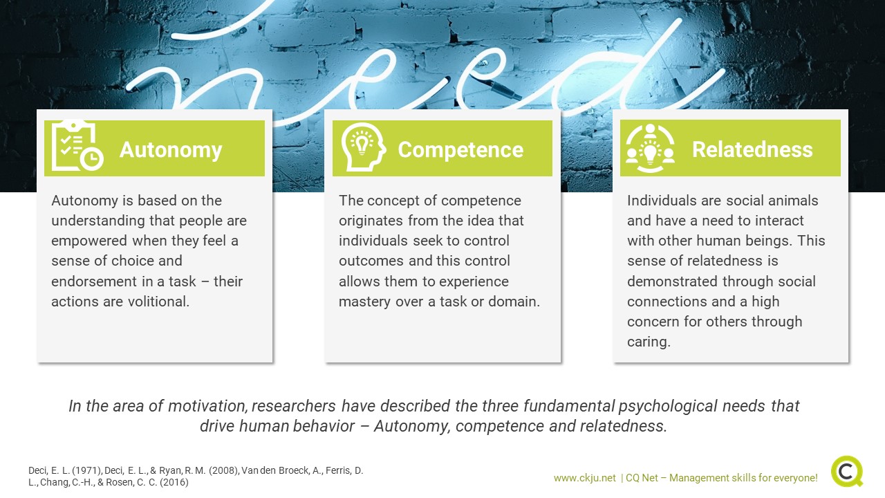 The three basic psychological needs autonomy, competence and relatedness are important in management and beyond